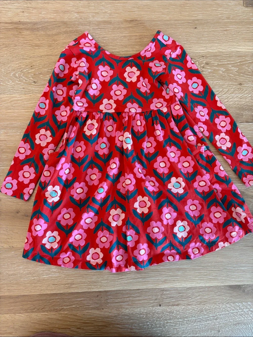 Hanna Andersson Red Floral Long Sleeve Twirl Dress with Pink Flowers